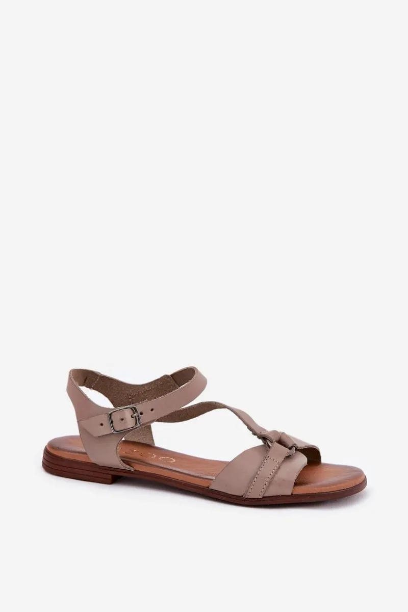 40182 Skórzane Sandały Damskie Ciemnobeżowe Damskie Sandały Płaskie