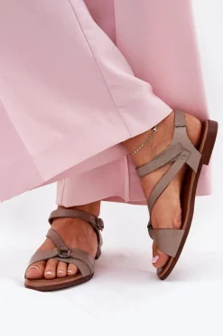 40182 Skórzane Sandały Damskie Ciemnobeżowe Damskie Sandały Płaskie