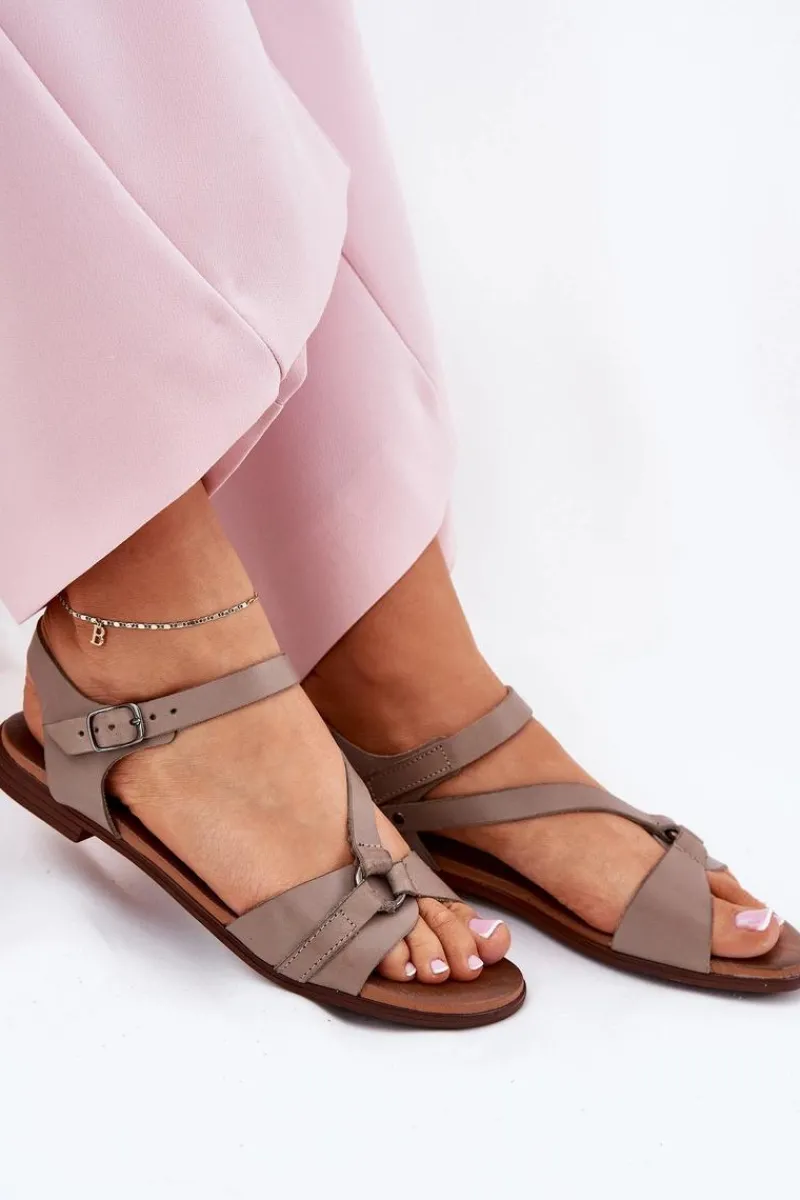 40182 Skórzane Sandały Damskie Ciemnobeżowe Damskie Sandały Płaskie