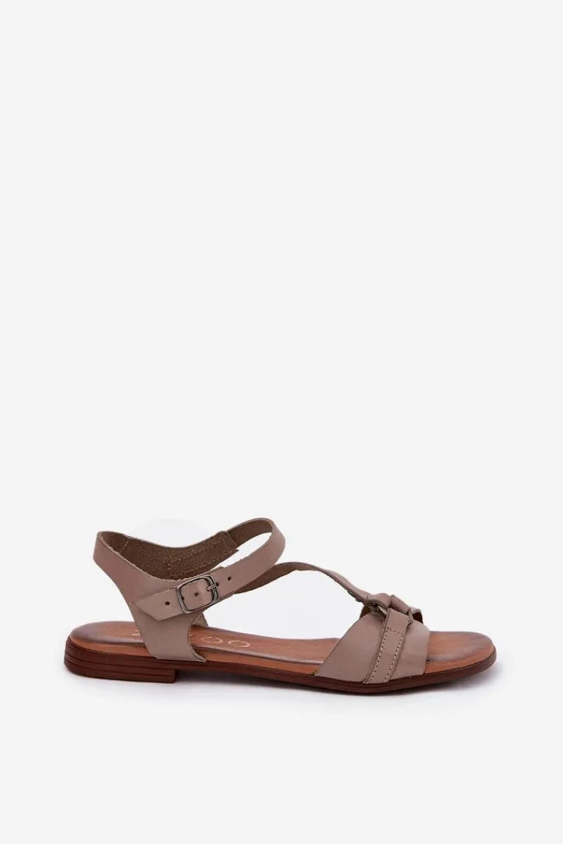 40182 Skórzane Sandały Damskie Ciemnobeżowe Damskie Sandały Płaskie