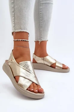 Sandały Na Obcasie|Sandały Na Koturnie>Zazoo 40392 Skórzane Sandały Damskie Złote