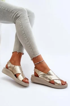 Sandały Na Obcasie|Sandały Na Koturnie>Zazoo 40392 Skórzane Sandały Damskie Złote