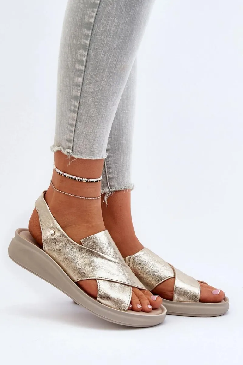 Sandały Na Obcasie|Sandały Na Koturnie>Zazoo 40392 Skórzane Sandały Damskie Złote