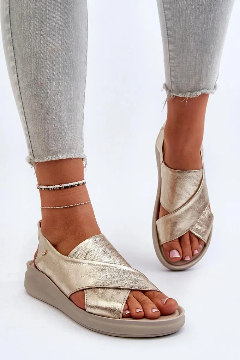 Sandały Na Obcasie|Sandały Na Koturnie>Zazoo 40392 Skórzane Sandały Damskie Złote