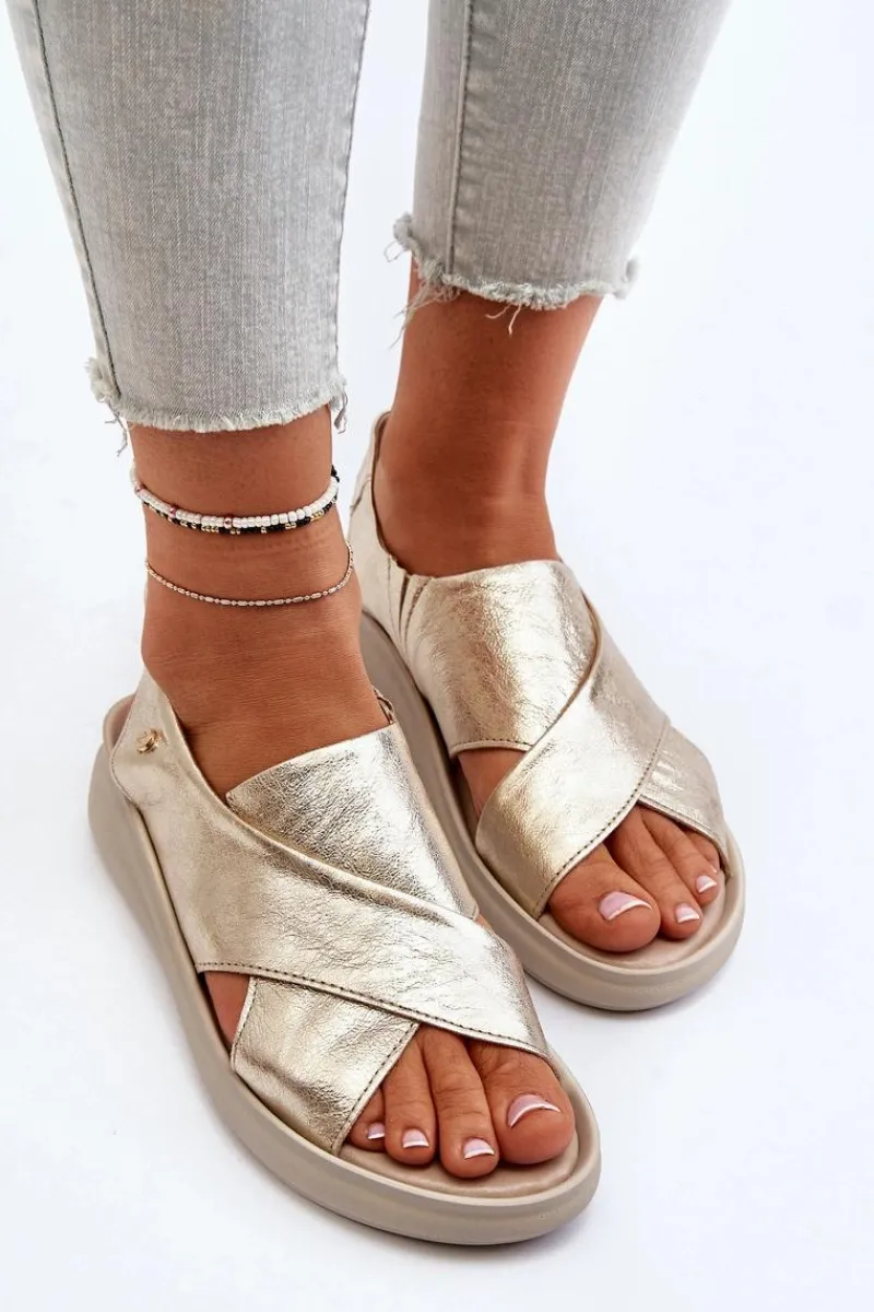 Sandały Na Obcasie|Sandały Na Koturnie>Zazoo 40392 Skórzane Sandały Damskie Złote