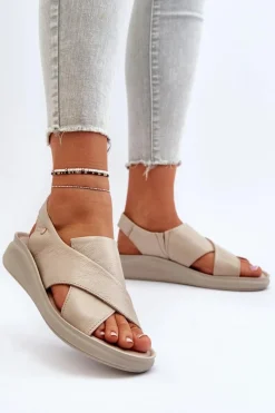 Sale 40392 Skórzane Sandały Damskie Beżowe Damskie Sandały Na Obcasie|Sandały Na Koturnie