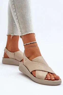Sale 40392 Skórzane Sandały Damskie Beżowe Damskie Sandały Na Obcasie|Sandały Na Koturnie