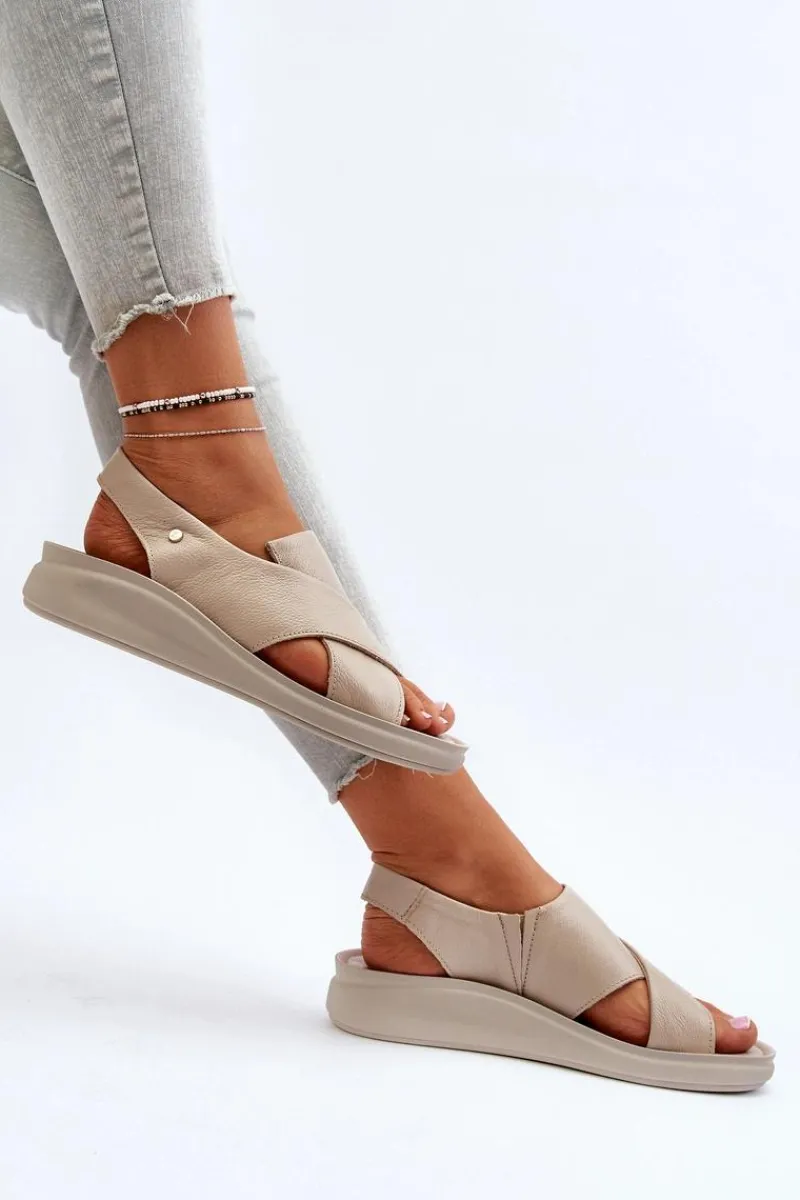 Sale 40392 Skórzane Sandały Damskie Beżowe Damskie Sandały Na Obcasie|Sandały Na Koturnie