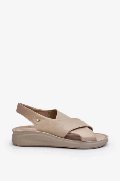 Sale 40392 Skórzane Sandały Damskie Beżowe Damskie Sandały Na Obcasie|Sandały Na Koturnie