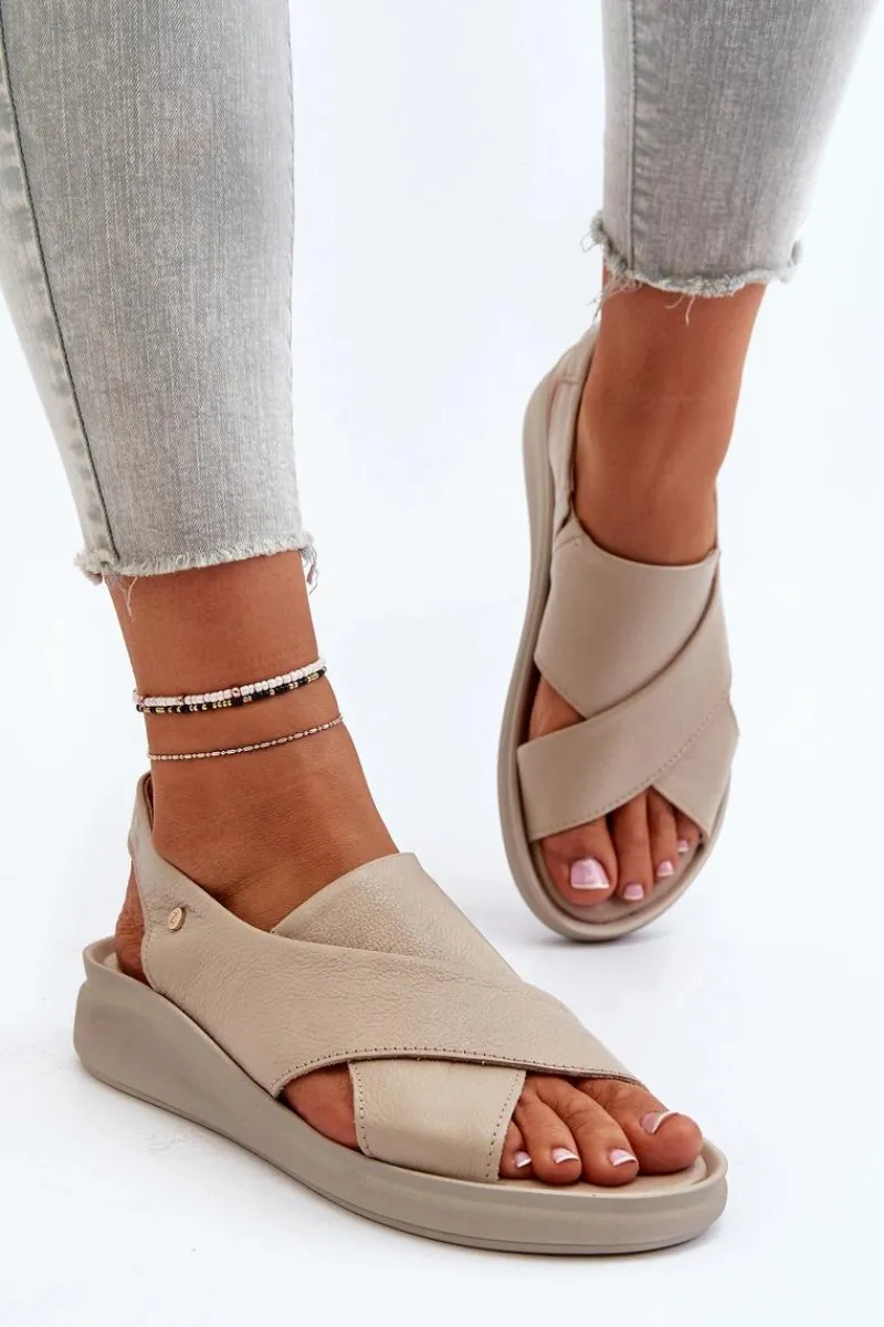 Sale 40392 Skórzane Sandały Damskie Beżowe Damskie Sandały Na Obcasie|Sandały Na Koturnie