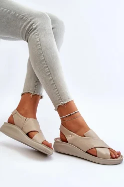 Sale 40392 Skórzane Sandały Damskie Beżowe Damskie Sandały Na Obcasie|Sandały Na Koturnie