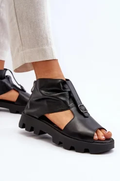 Best 999 Skórzane Sandały Damskie Z Zamkiem Czarne Damskie Sandały Płaskie