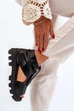 Best 999 Skórzane Sandały Damskie Z Zamkiem Czarne Damskie Sandały Płaskie