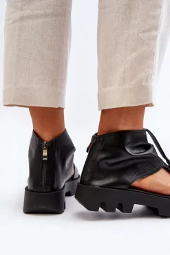 Best 999 Skórzane Sandały Damskie Z Zamkiem Czarne Damskie Sandały Płaskie