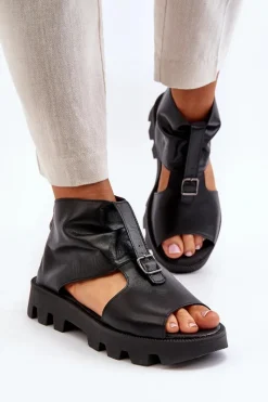 Best 999 Skórzane Sandały Damskie Z Zamkiem Czarne Damskie Sandały Płaskie