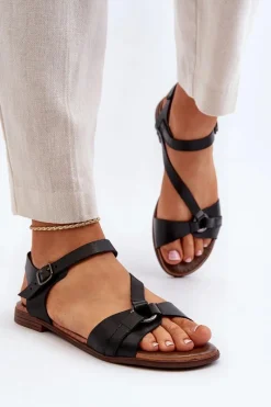 Sandały Płaskie>Zazoo 40182 Skórzane Sandały Damskie Czarne Czarny