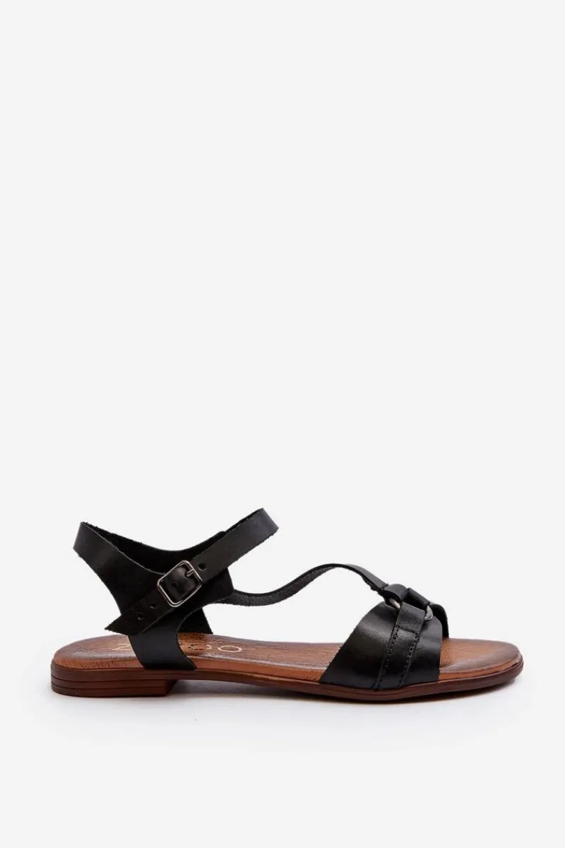 Sandały Płaskie>Zazoo 40182 Skórzane Sandały Damskie Czarne Czarny