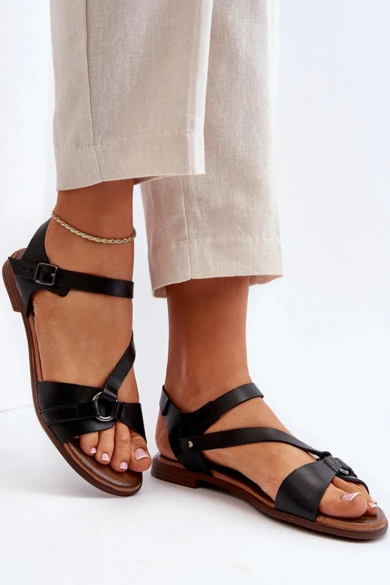 Sandały Płaskie>Zazoo 40182 Skórzane Sandały Damskie Czarne Czarny