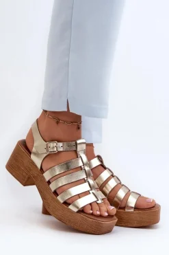 40410 Skórzane Sandały Damskie Złote Damskie Sandały Na Obcasie