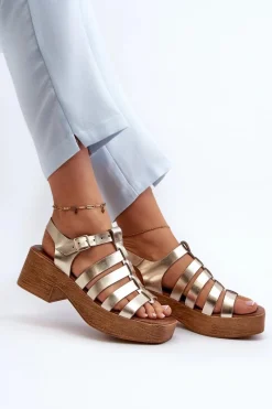 40410 Skórzane Sandały Damskie Złote Damskie Sandały Na Obcasie