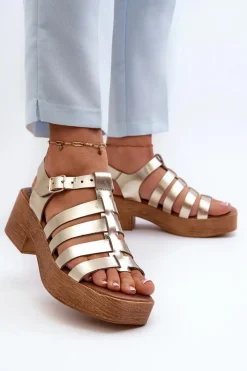 40410 Skórzane Sandały Damskie Złote Damskie Sandały Na Obcasie