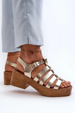 40410 Skórzane Sandały Damskie Złote Damskie Sandały Na Obcasie