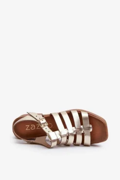 40410 Skórzane Sandały Damskie Złote Damskie Sandały Na Obcasie