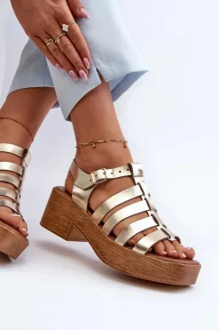 40410 Skórzane Sandały Damskie Złote Damskie Sandały Na Obcasie