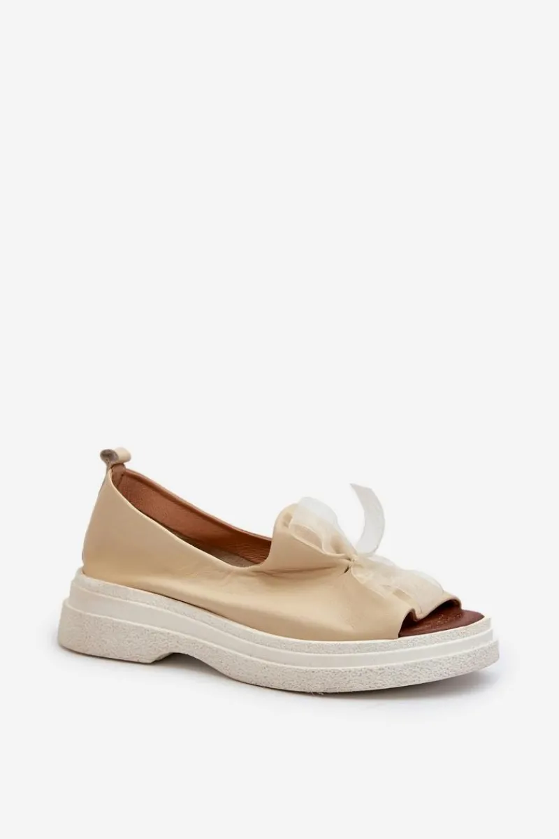 Sandały Płaskie>Zazoo 2939 Skórzane Sandały Damskie Z Kokardką Jasnobeżowe Beżowy