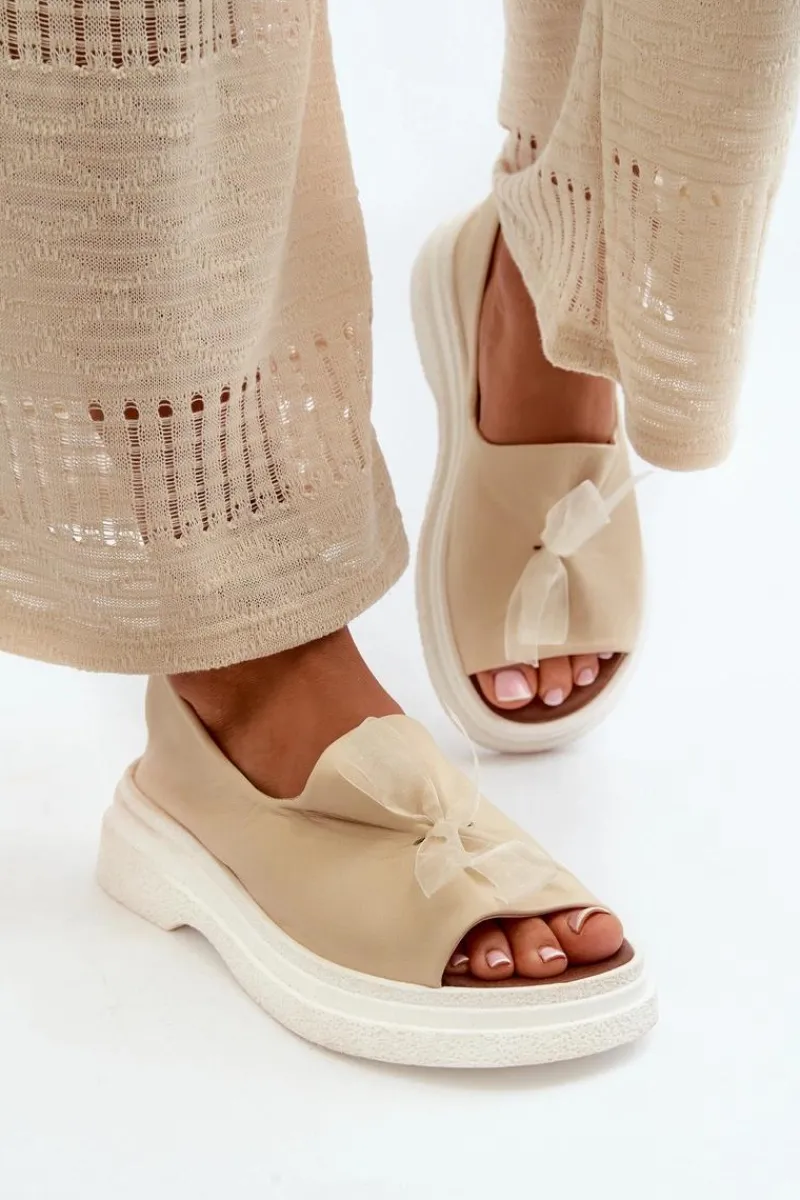 Sandały Płaskie>Zazoo 2939 Skórzane Sandały Damskie Z Kokardką Jasnobeżowe Beżowy