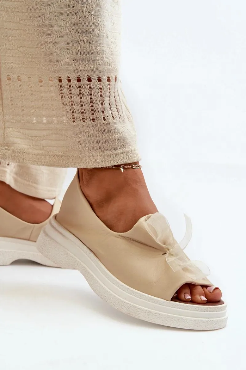 Sandały Płaskie>Zazoo 2939 Skórzane Sandały Damskie Z Kokardką Jasnobeżowe Beżowy