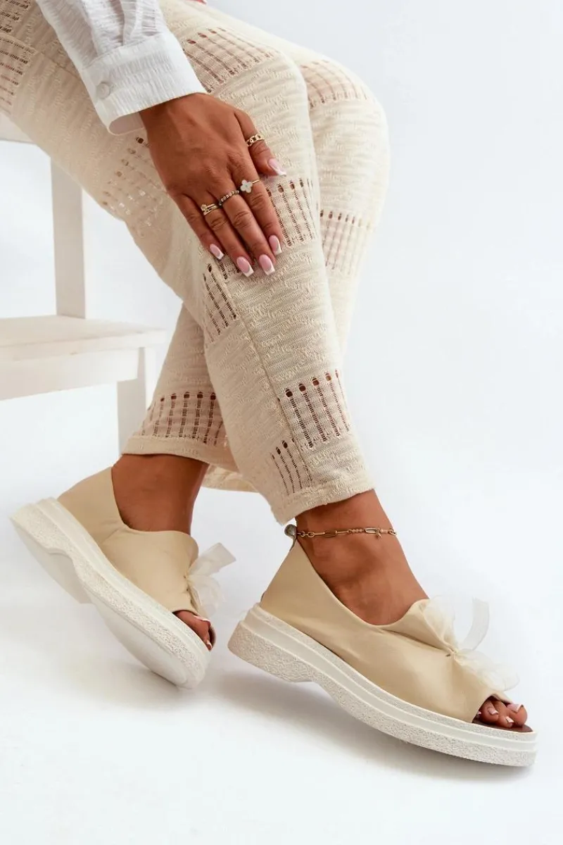 Sandały Płaskie>Zazoo 2939 Skórzane Sandały Damskie Z Kokardką Jasnobeżowe Beżowy