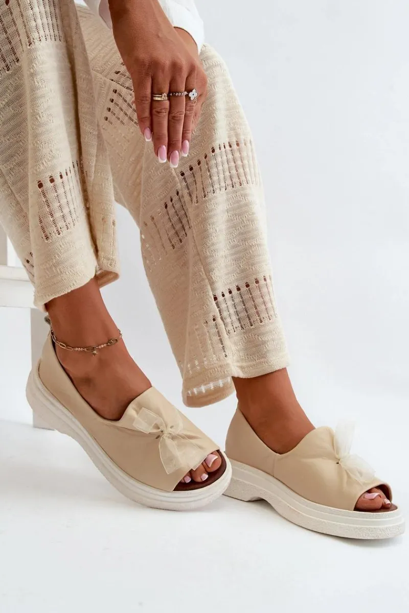 Sandały Płaskie>Zazoo 2939 Skórzane Sandały Damskie Z Kokardką Jasnobeżowe Beżowy