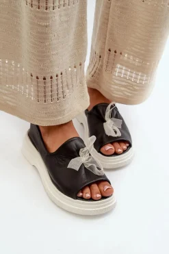 Clearance Zazoo 2939 Skórzane Sandały Damskie Z Kokardką Czarne Czarny