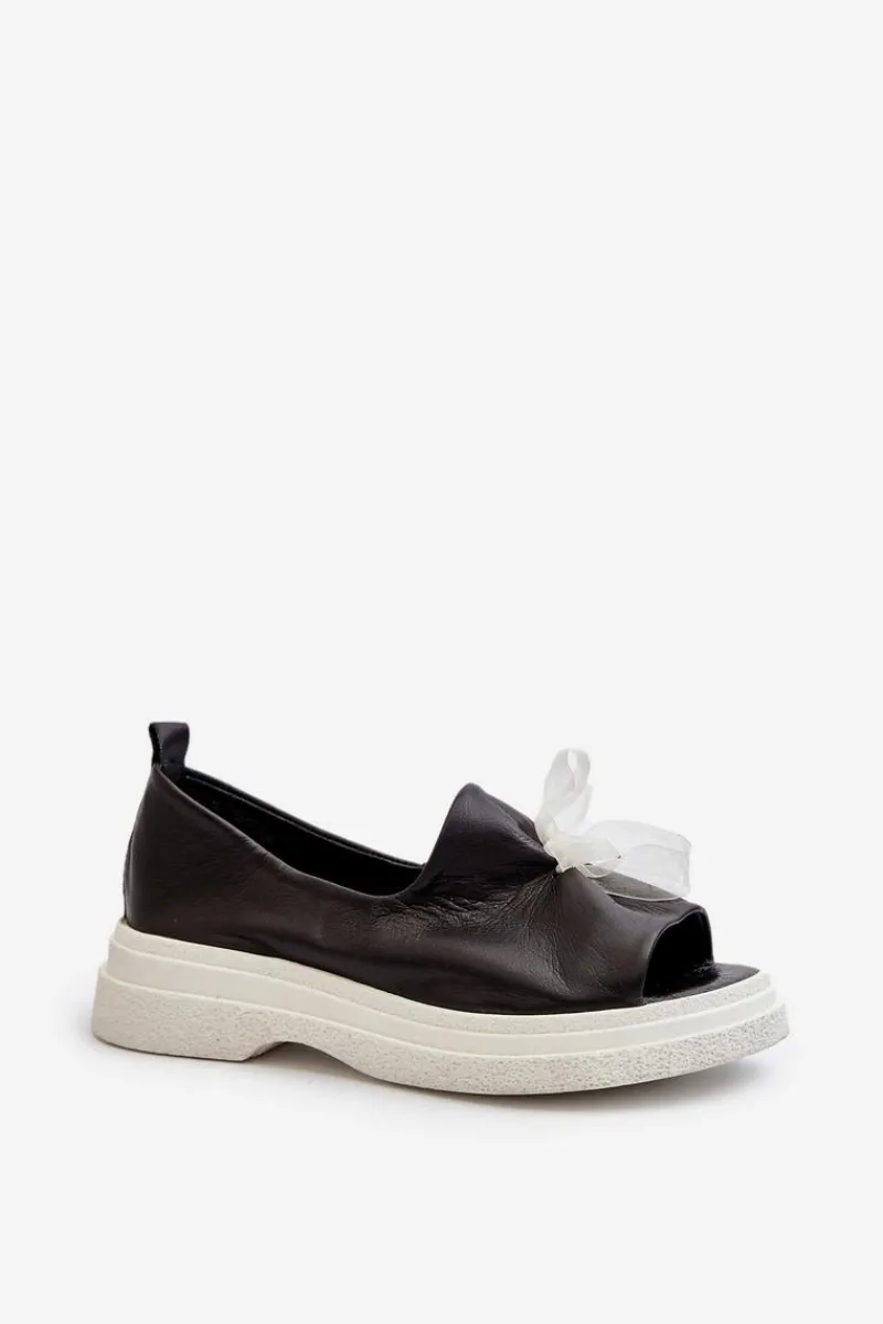 Clearance Zazoo 2939 Skórzane Sandały Damskie Z Kokardką Czarne Czarny