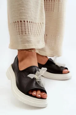 Clearance Zazoo 2939 Skórzane Sandały Damskie Z Kokardką Czarne Czarny