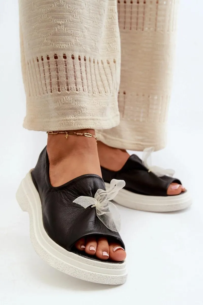 Clearance Zazoo 2939 Skórzane Sandały Damskie Z Kokardką Czarne Czarny