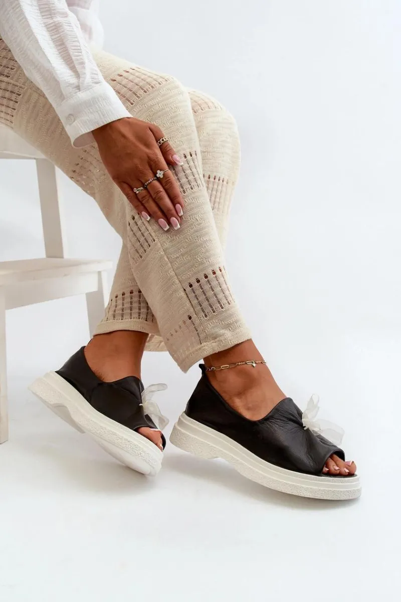 Clearance Zazoo 2939 Skórzane Sandały Damskie Z Kokardką Czarne Czarny