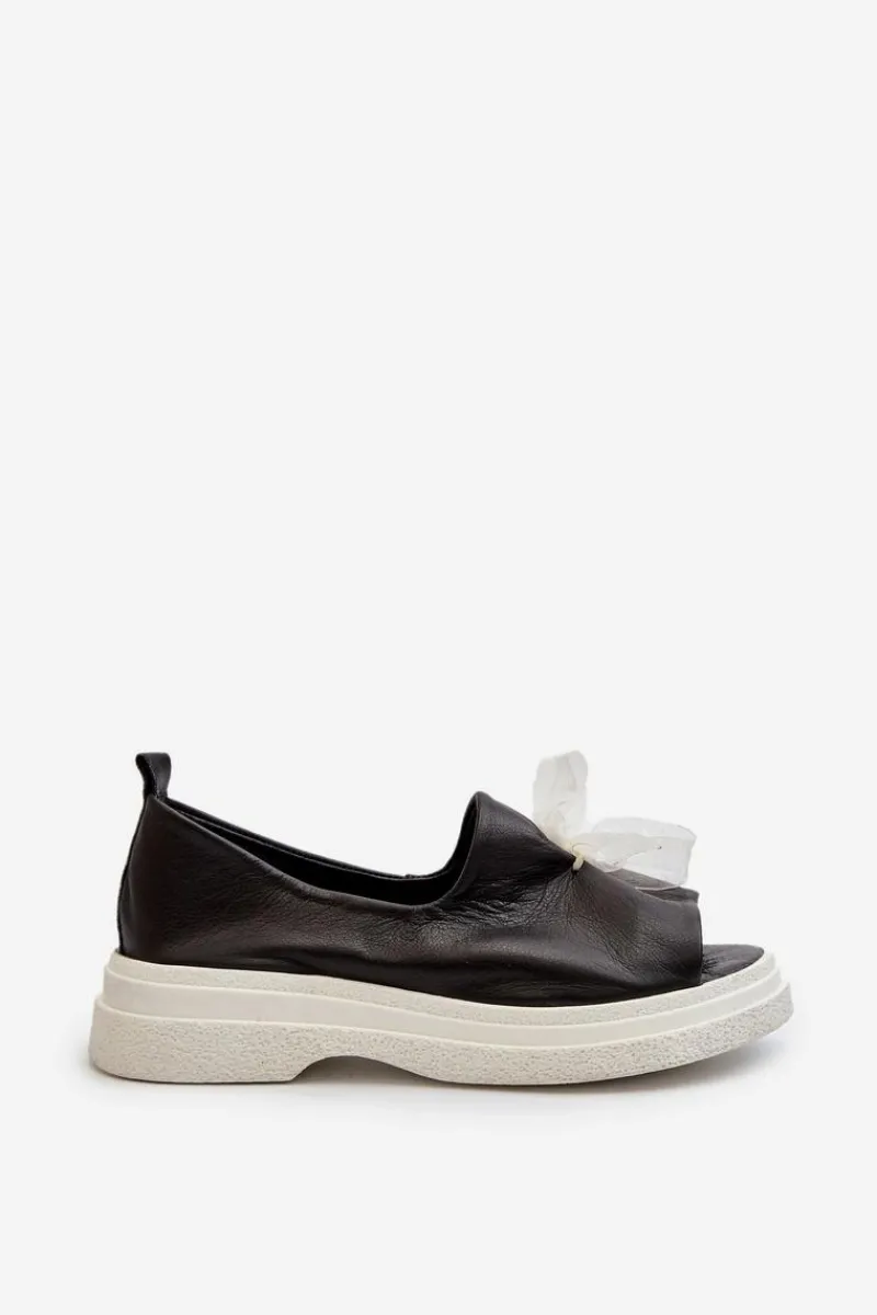 Clearance Zazoo 2939 Skórzane Sandały Damskie Z Kokardką Czarne Czarny