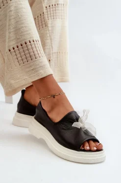 Clearance Zazoo 2939 Skórzane Sandały Damskie Z Kokardką Czarne Czarny