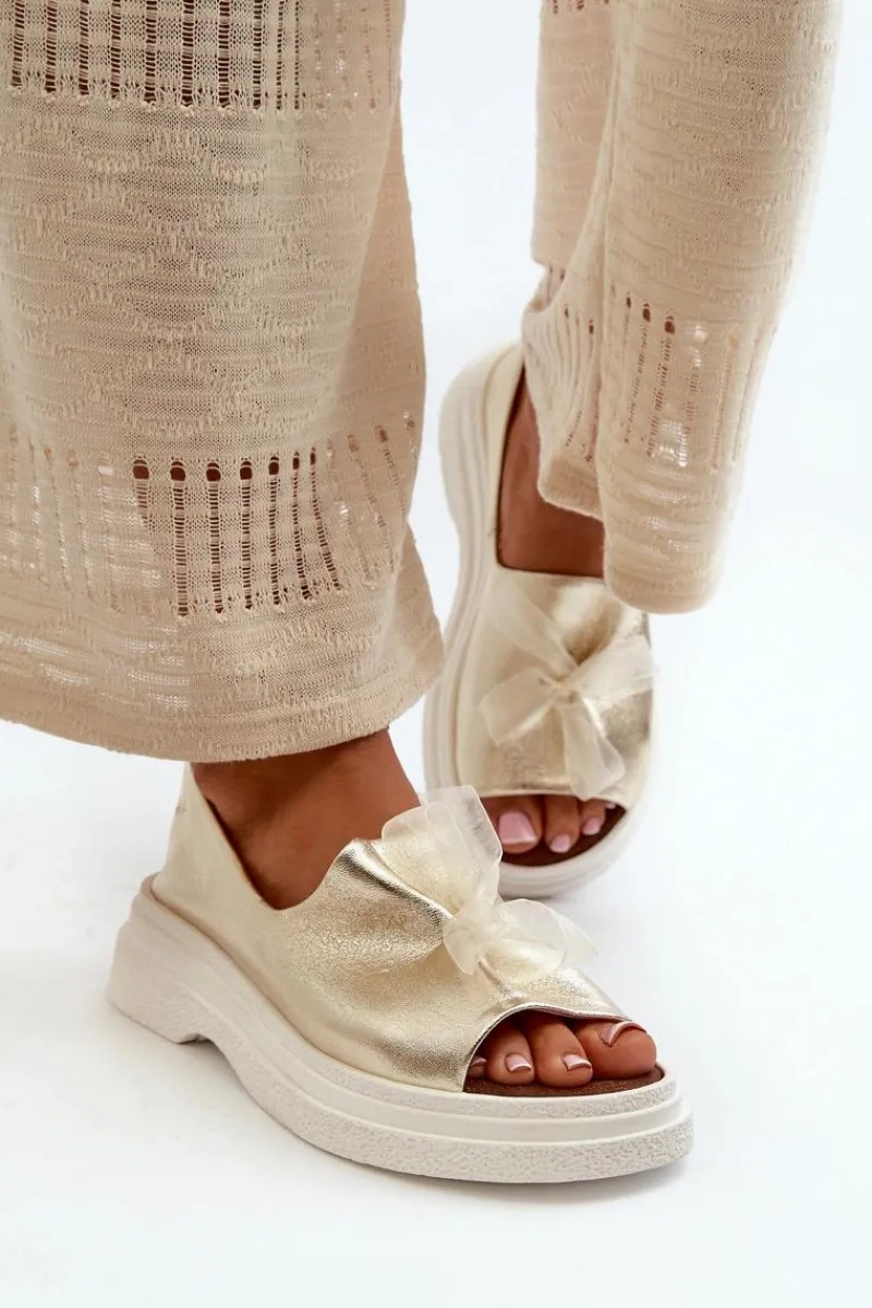 New 2939 Skórzane Sandały Damskie Z Kokardką Złote Damskie Sandały Płaskie