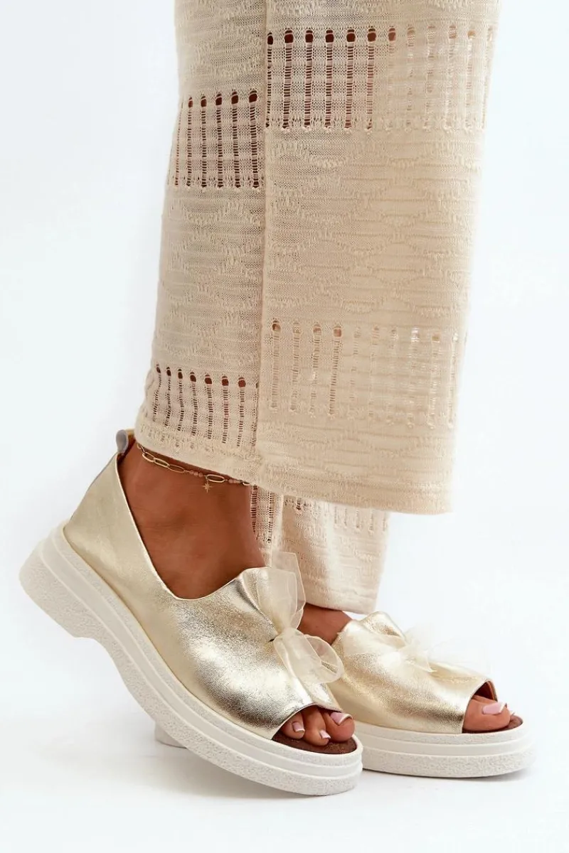 New 2939 Skórzane Sandały Damskie Z Kokardką Złote Damskie Sandały Płaskie