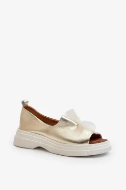 New 2939 Skórzane Sandały Damskie Z Kokardką Złote Damskie Sandały Płaskie