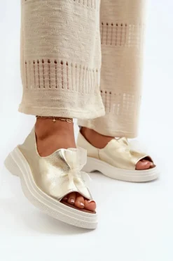 New 2939 Skórzane Sandały Damskie Z Kokardką Złote Damskie Sandały Płaskie