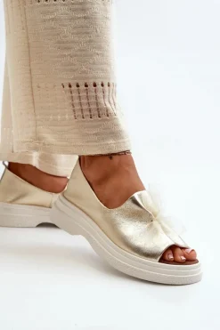 New 2939 Skórzane Sandały Damskie Z Kokardką Złote Damskie Sandały Płaskie