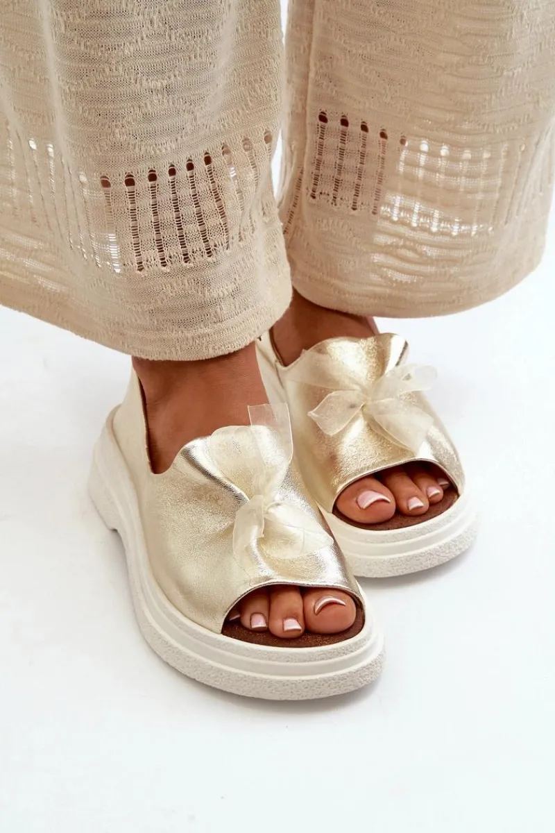 New 2939 Skórzane Sandały Damskie Z Kokardką Złote Damskie Sandały Płaskie