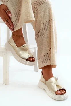 New 2939 Skórzane Sandały Damskie Z Kokardką Złote Damskie Sandały Płaskie