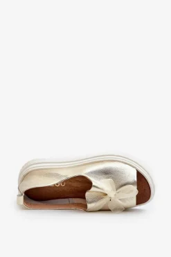 New 2939 Skórzane Sandały Damskie Z Kokardką Złote Damskie Sandały Płaskie