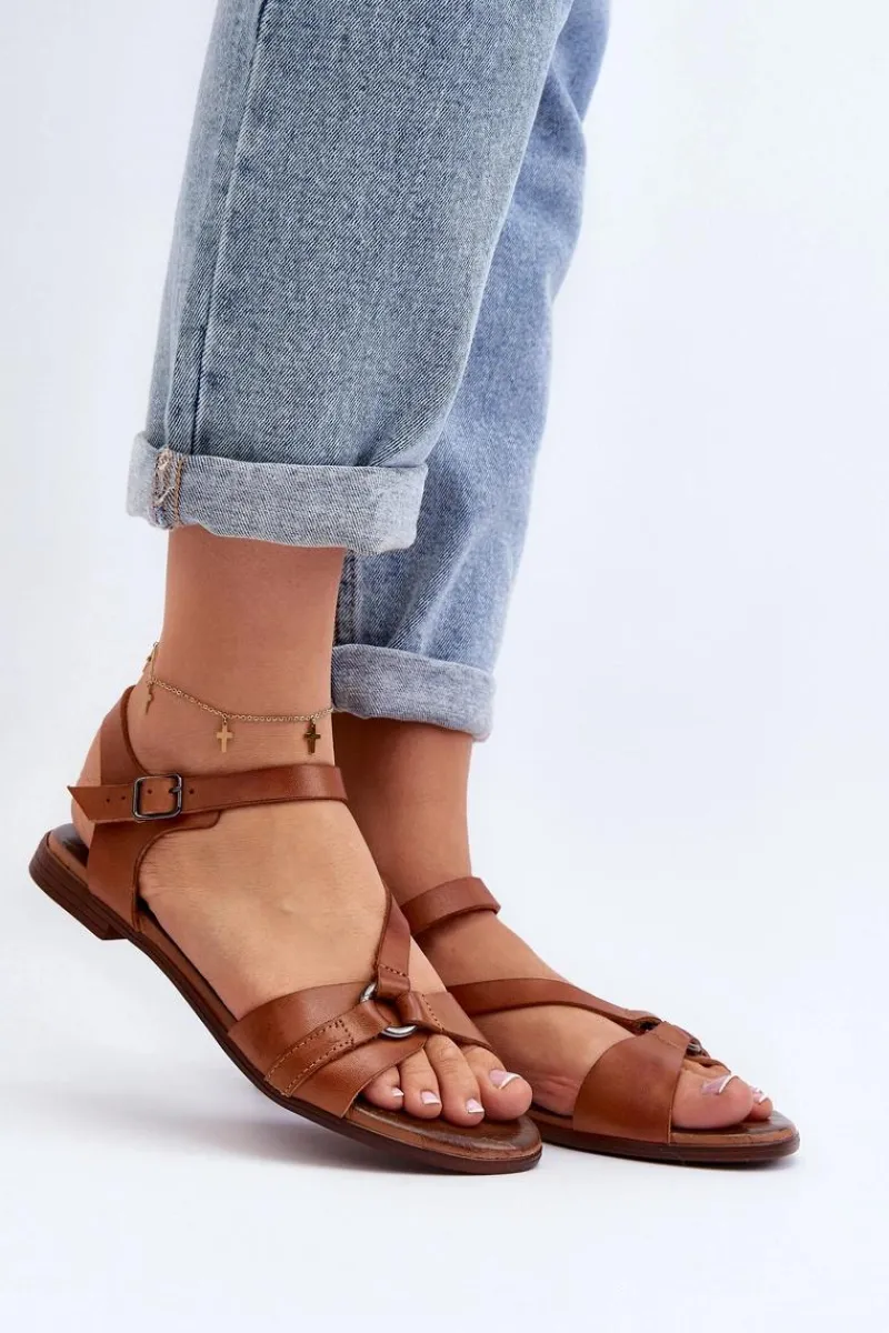 Sandały Płaskie>Zazoo 40182 Skórzane Sandały Damskie Brązowe Brązowy