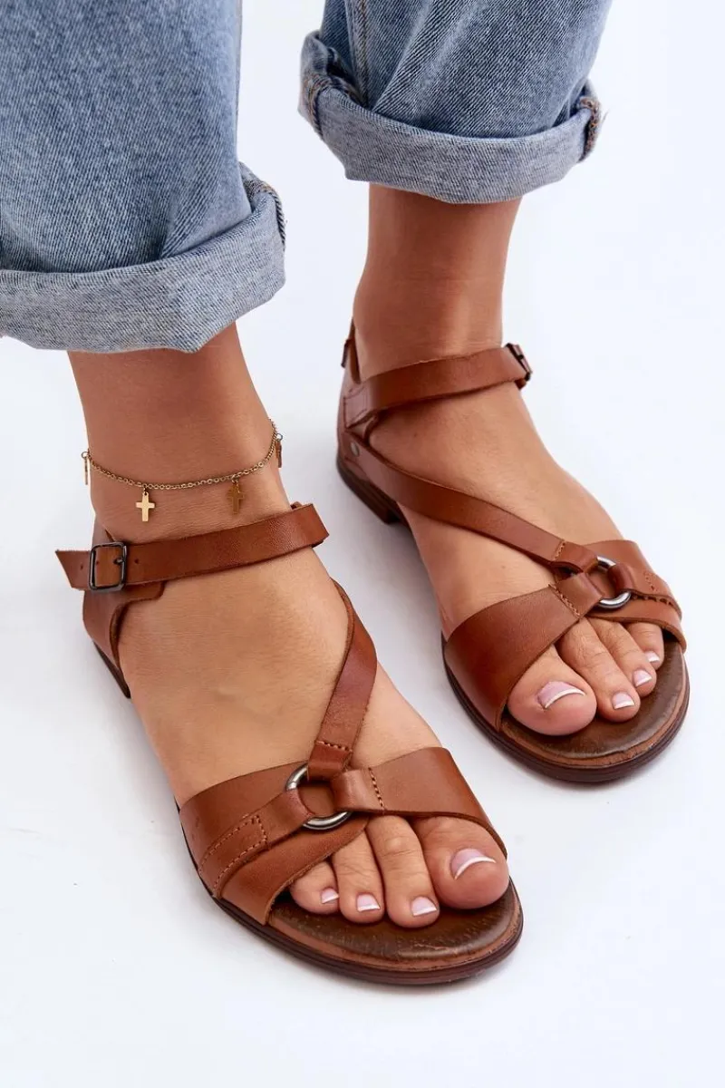 Sandały Płaskie>Zazoo 40182 Skórzane Sandały Damskie Brązowe Brązowy